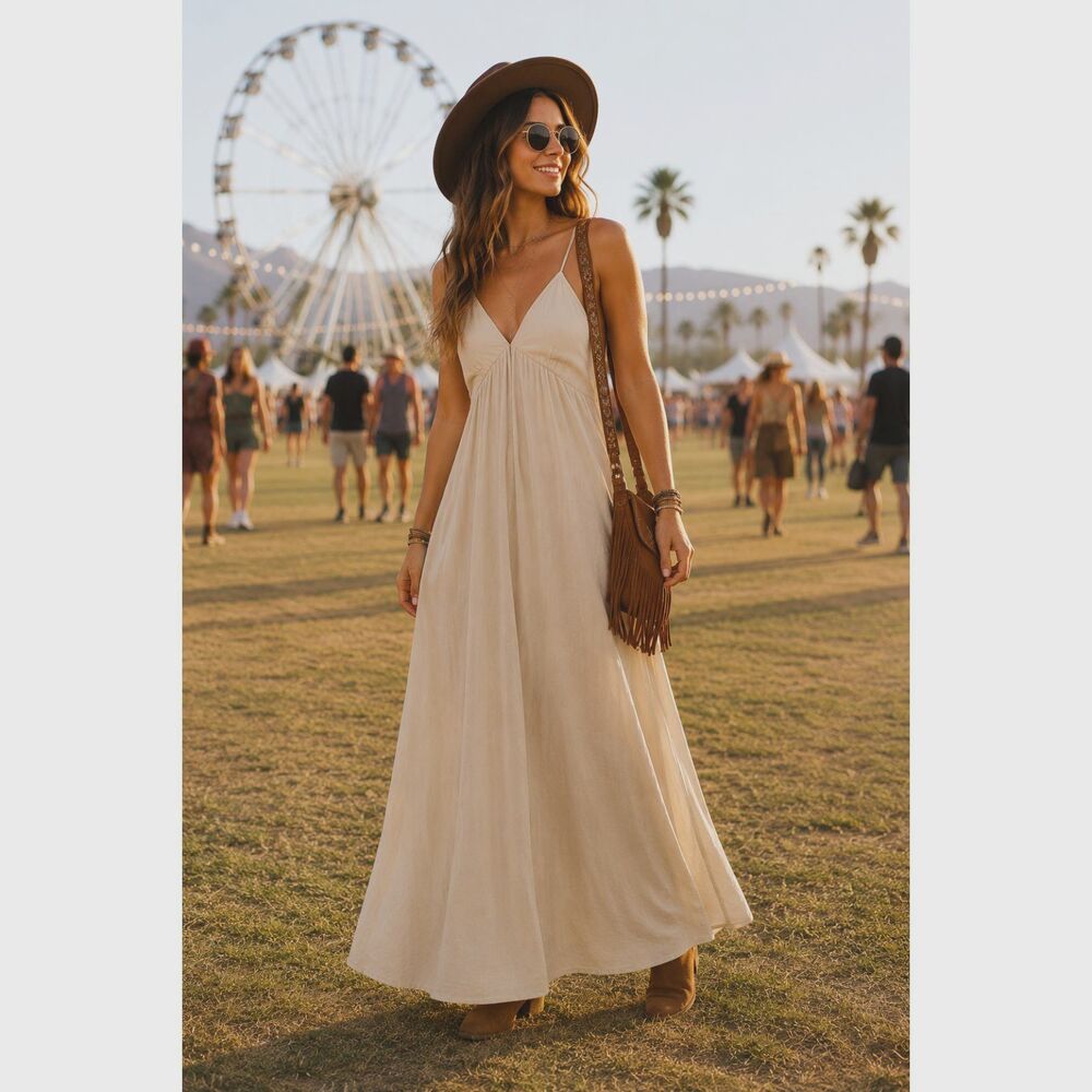 Japna Women's L Cream Boho Linen Blend Maxi Dress Beaded Straps Festival #16